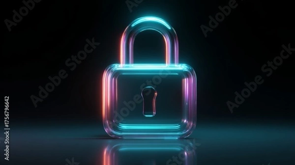 Obraz Neon Glass Padlock: Cyber Security, Digital Privacy, Futuristic Technology, Abstract Concept.