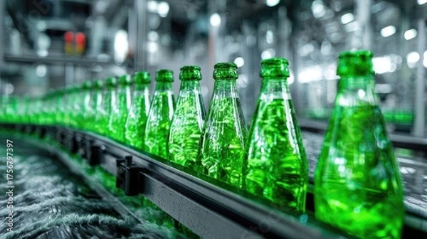 Fototapeta A Sequence of Green Glass Bottles on a Production Line in a Beverage Factory Showcasing Modern Manufacturing Processes and Quality Control in a Bright Industrial Setting