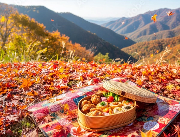 Obraz 絶景紅葉と秋の味覚！山頂ピクニックで楽しむ彩り豊かな和風弁当