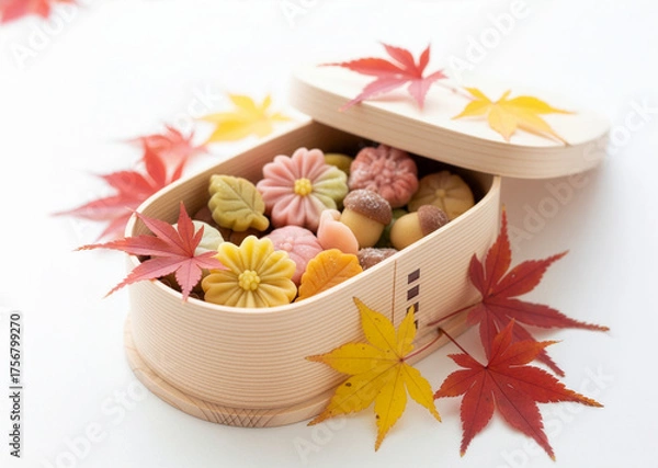 Obraz 雅やかな秋の和菓子詰合せ：色鮮やかな紅葉と日本の伝統美