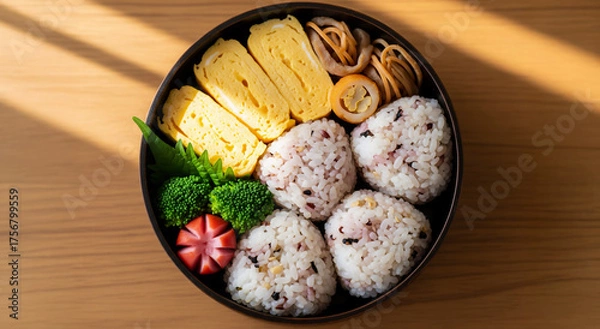 Obraz 彩り豊かな手作りおにぎり弁当 - 陽光きらめく健康和食ランチ