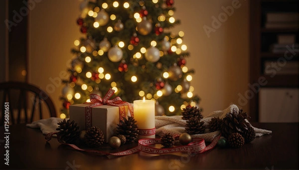 Fototapeta Warm Christmas home ambiance with candles, tree lights, fireplace glow, and festive winter charm.