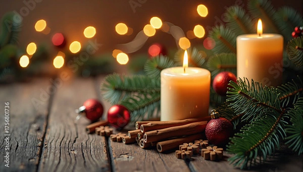 Obraz Warm Christmas home ambiance with candles, tree lights, fireplace glow, and festive winter charm.