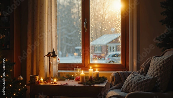 Fototapeta Warm Christmas home ambiance with candles, tree lights, fireplace glow, and festive winter charm.