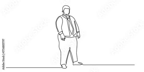 Obraz Continuous line of a fat businessman standing confidently. One line drawing of an overweight office worker in a suit and tie, symbolizing confidence, professionalism, and diversity in body types.