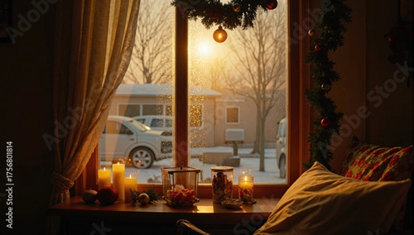 Fototapeta Warm Christmas home ambiance with candles, tree lights, fireplace glow, and festive winter charm.