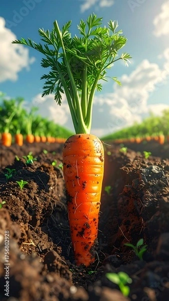 Fototapeta Close-up of a carrot growing in a field, with more carrots in rows