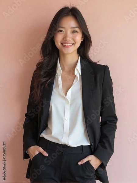Fototapeta Photorealistic portrait of an office woman in a white shirt and blazer, standing against a plain solid background with soft studio lighting, confident and friendly professional look
