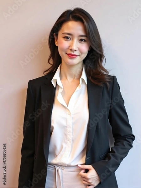 Fototapeta Photorealistic portrait of an office woman in a white shirt and blazer, standing against a plain solid background with soft studio lighting, confident and friendly professional look
