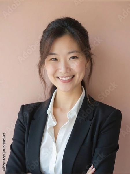Fototapeta Photorealistic portrait of an office woman in a white shirt and blazer, standing against a plain solid background with soft studio lighting, confident and friendly professional look
