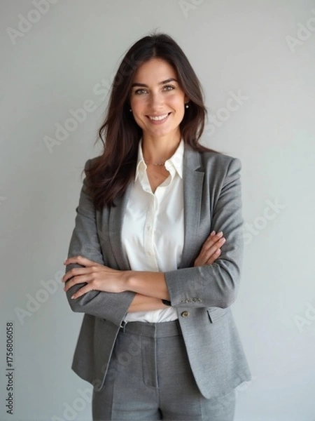 Fototapeta Photorealistic portrait of an office woman in a white shirt and blazer, standing against a plain solid background with soft studio lighting, confident and friendly professional look
