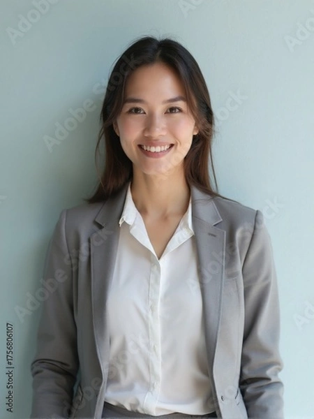 Fototapeta Photorealistic portrait of an office woman in a white shirt and blazer, standing against a plain solid background with soft studio lighting, confident and friendly professional look
