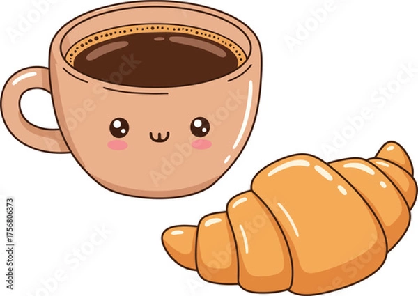 Fototapeta Kawaii coffee cup with a croissant for a delicious breakfast or cafe break isolated on transparent background Vector