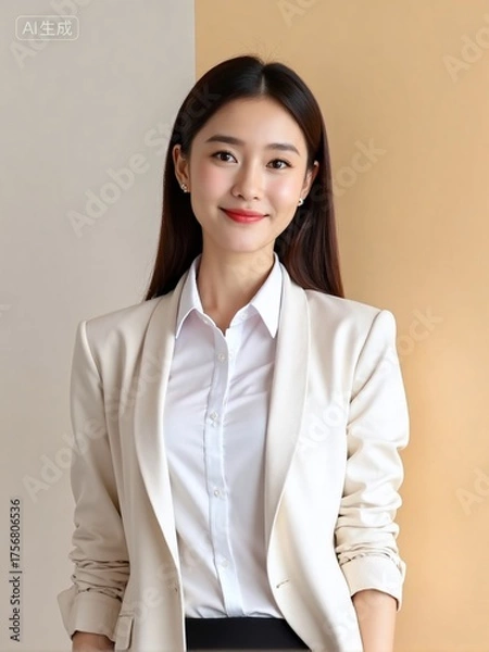 Fototapeta Photorealistic portrait of an office woman in a white shirt and blazer, standing against a plain solid background with soft studio lighting, confident and friendly professional look

