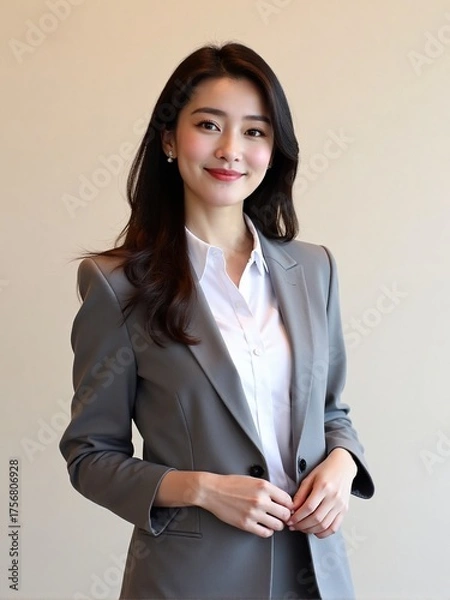 Fototapeta Photorealistic portrait of an office woman in a white shirt and blazer, standing against a plain solid background with soft studio lighting, confident and friendly professional look
