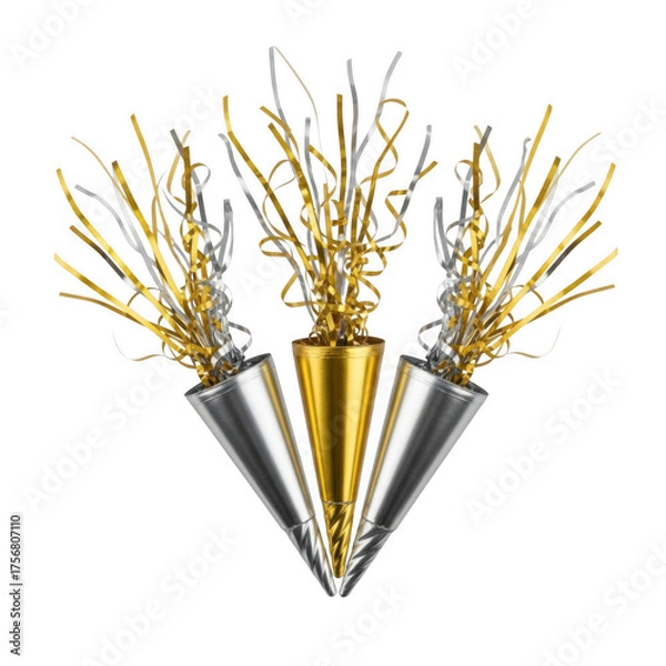 Obraz Golden and silver party horns isolated on transparent background for festive celebrations and new year eve decoration. Festive happy birthday party horns in gold silver and bronze for celebrations