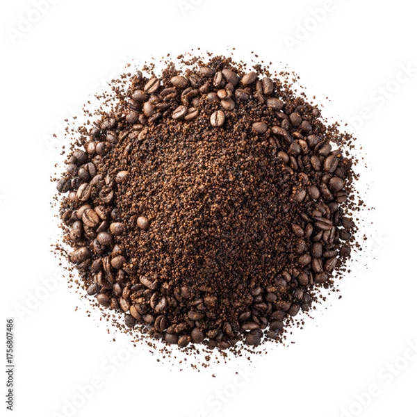 Fototapeta Coffee grounds and beans in a circular mound