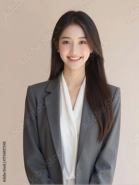 Fototapeta Photorealistic portrait of an office woman in a white shirt and blazer, standing against a plain solid background with soft studio lighting, confident and friendly professional look
