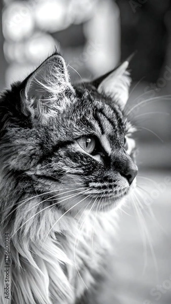 Fototapeta Close-up of a feline, focused, in grayscale, showcasing fur texture
