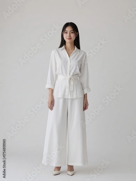 Fototapeta High-quality studio photo of a modern businesswoman in office outfit, smiling confidently with relaxed posture against a clean solid background, professional and elegant look
