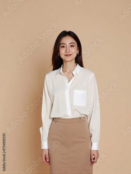 Fototapeta High-quality studio photo of a modern businesswoman in office outfit, smiling confidently with relaxed posture against a clean solid background, professional and elegant look
