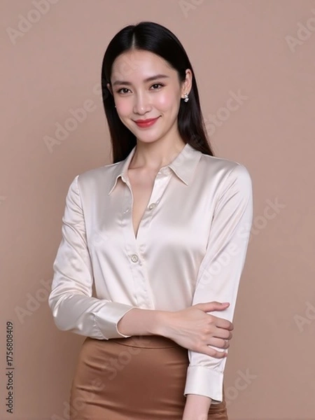 Fototapeta High-quality studio photo of a modern businesswoman in office outfit, smiling confidently with relaxed posture against a clean solid background, professional and elegant look
