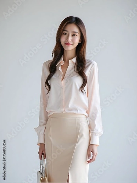 Fototapeta High-quality studio photo of a modern businesswoman in office outfit, smiling confidently with relaxed posture against a clean solid background, professional and elegant look
