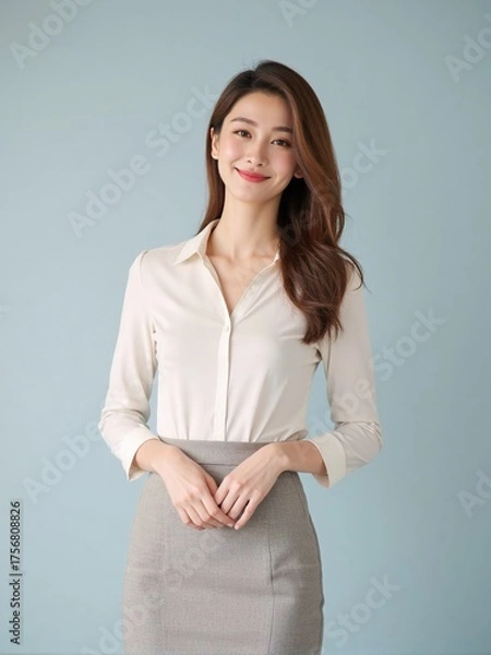 Fototapeta High-quality studio photo of a modern businesswoman in office outfit, smiling confidently with relaxed posture against a clean solid background, professional and elegant look
