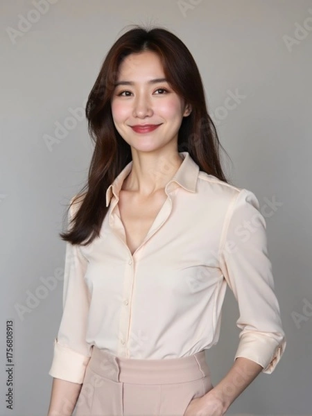 Fototapeta High-quality studio photo of a modern businesswoman in office outfit, smiling confidently with relaxed posture against a clean solid background, professional and elegant look
