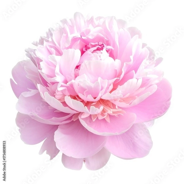 Fototapeta Close-up of a fully bloomed, soft pink peony flower on a white backdrop