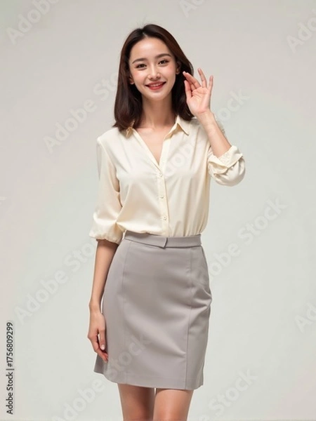 Fototapeta High-quality studio photo of a modern businesswoman in office outfit, smiling confidently with relaxed posture against a clean solid background, professional and elegant look
