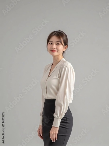 Fototapeta High-quality studio photo of a modern businesswoman in office outfit, smiling confidently with relaxed posture against a clean solid background, professional and elegant look

