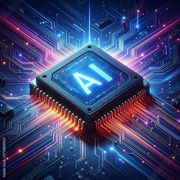Fototapeta Close-up of a glowing CPU with "AI" displayed in the center