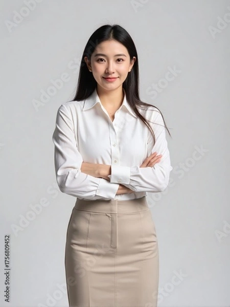 Fototapeta High-quality studio photo of a modern businesswoman in office outfit, smiling confidently with relaxed posture against a clean solid background, professional and elegant look
