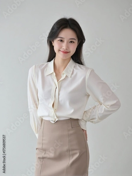 Fototapeta High-quality studio photo of a modern businesswoman in office outfit, smiling confidently with relaxed posture against a clean solid background, professional and elegant look
