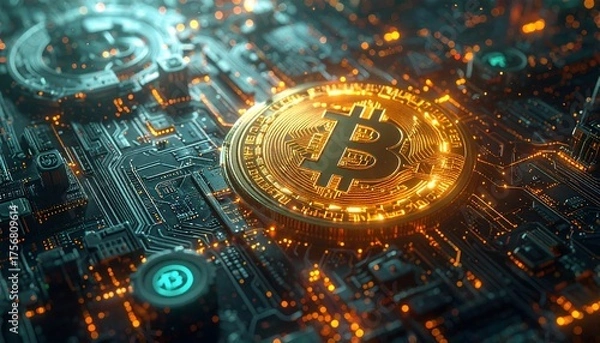 Fototapeta Close-up of a golden digital coin on a futuristic motherboard