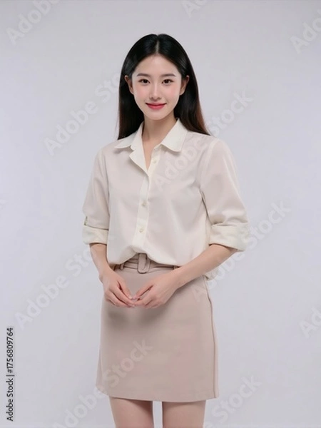 Fototapeta High-quality studio photo of a modern businesswoman in office outfit, smiling confidently with relaxed posture against a clean solid background, professional and elegant look
