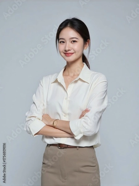 Fototapeta High-quality studio photo of a modern businesswoman in office outfit, smiling confidently with relaxed posture against a clean solid background, professional and elegant look
