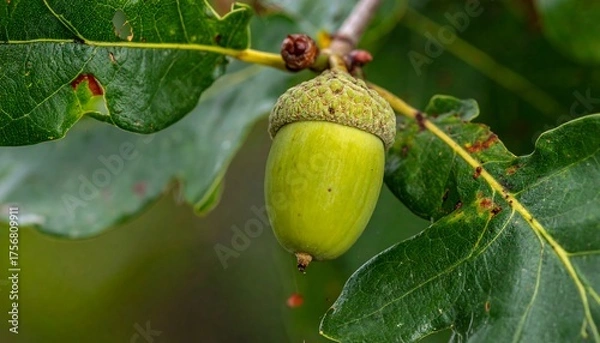 Fototapeta Close-up of a green acorn hanging from an oak tree branch