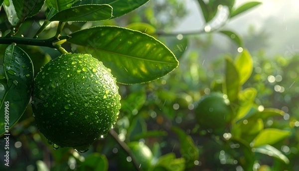 Fototapeta Close-up of a green citrus fruit hanging from a tree in the rain