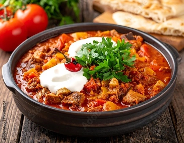 Fototapeta Close-up of a hearty, flavorful stew served in a dark, rustic bowl