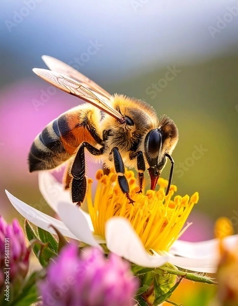 Fototapeta Close-up of a honeybee collecting nectar from a daisy-like flower