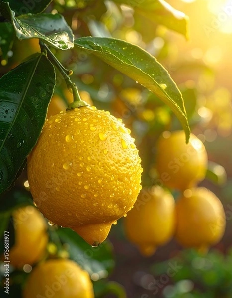 Fototapeta Close-up of a juicy lemon with water droplets, sunlit on a branch
