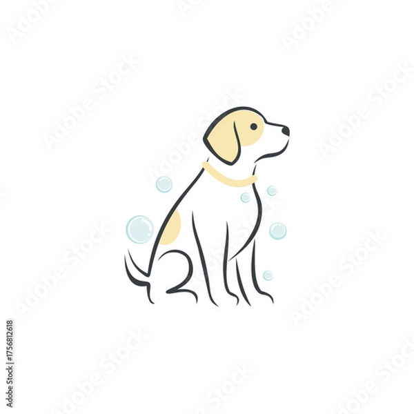 Obraz Minimalist Dog Illustration with Cream and Black Outlines, Sitting and Looking Upward