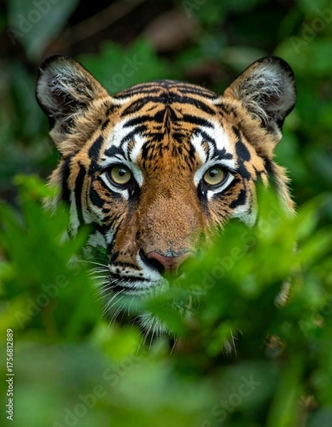 Fototapeta Close-up of a majestic orange-and-black striped big cat, half-hidden in greenery