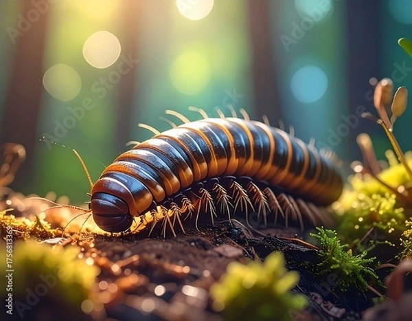 Fototapeta Close-up of a millipede crawling on moss with sun-dappled forest background