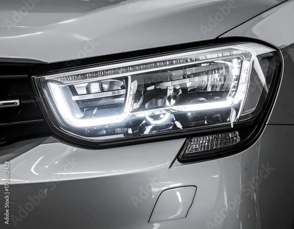Fototapeta Close-up of a modern car's illuminated headlight, showcasing its design
