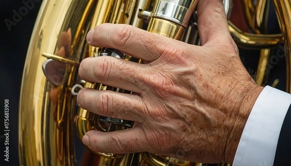 Fototapeta Close-up of a musician's hand on a gleaming brass instrument
