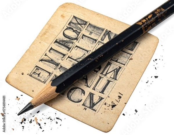 Fototapeta Close-up of a pencil resting on a worn, printed paper with letters