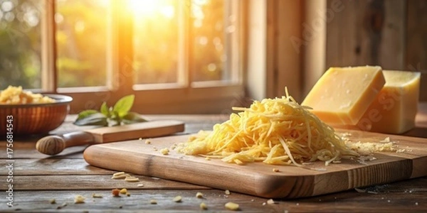 Fototapeta A sunlit rustic kitchen scene featuring freshly grated cheese on a wooden board, accompanied by blocks of cheese and a hint of fresh herbs